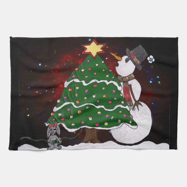 Christmas Tree Snowman Surprise Art Print Kitchen Towel (Horizontal)