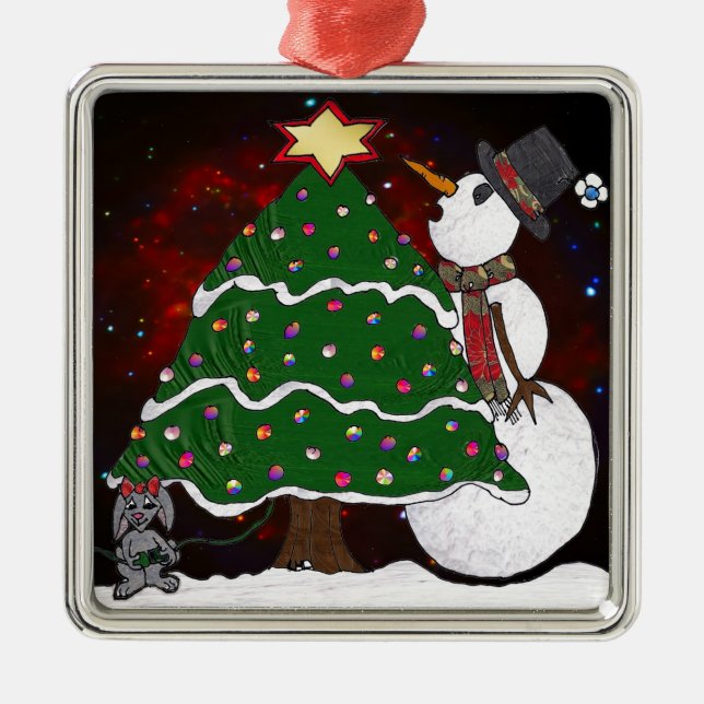 Christmas Tree Snowman Surprise Art Print Metal Ornament (Front)