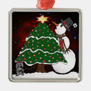 Christmas Tree Snowman Surprise Art Print Metal Ornament