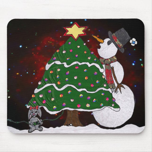 Christmas Tree Snowman Surprise Art Print Mouse Pad (Front)