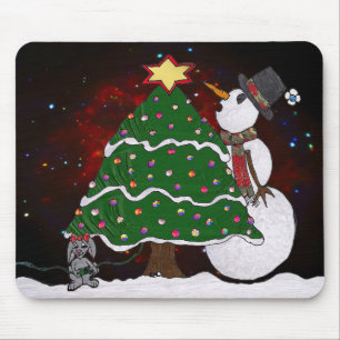 Christmas Tree Snowman Surprise Art Print Mouse Pad