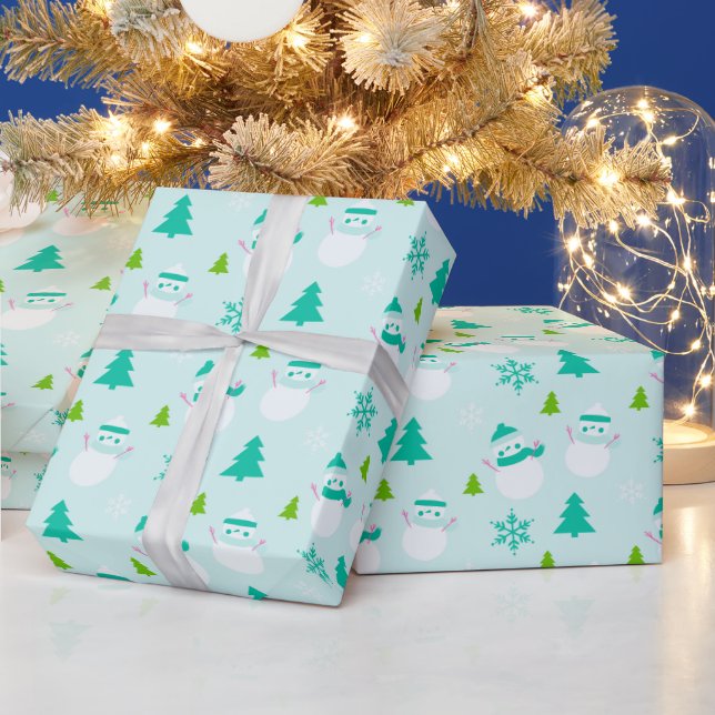 Christmas Tree Snowmen Snowflakes Modern Christmas Wrapping Paper (Holidays)