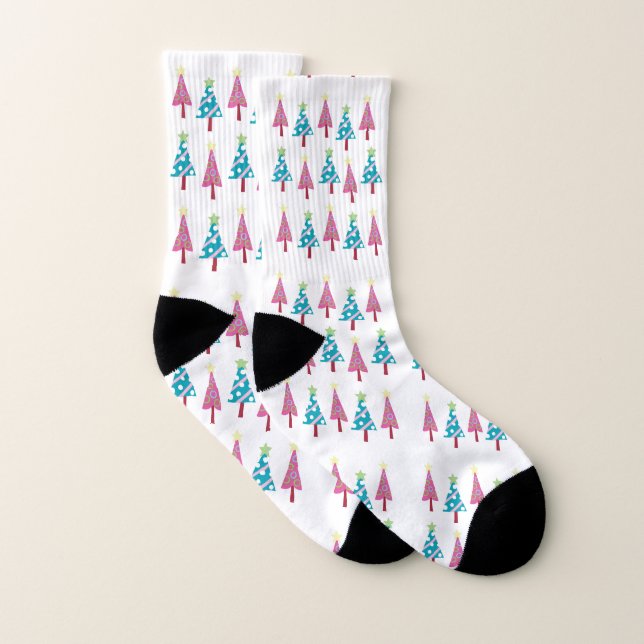 Christmas Tree Socks, Pink Blue Socks (Pair)