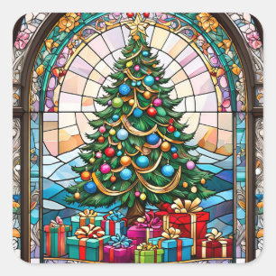 Christmas Tree Stained Glass Square Sticker