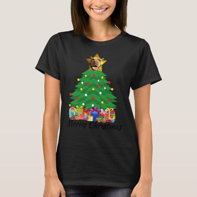 Christmas Tree Star Pitbull Dog T-Shirt (Front)