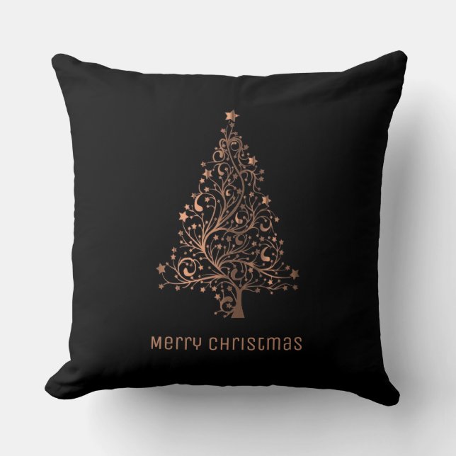 Christmas Tree Stars Black Metallic Brown Copper Throw Pillow (Front)