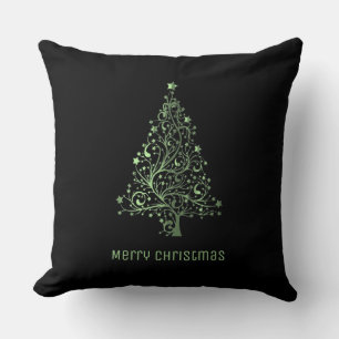 Christmas Tree Stars Black Metallic Green Look Throw Pillow
