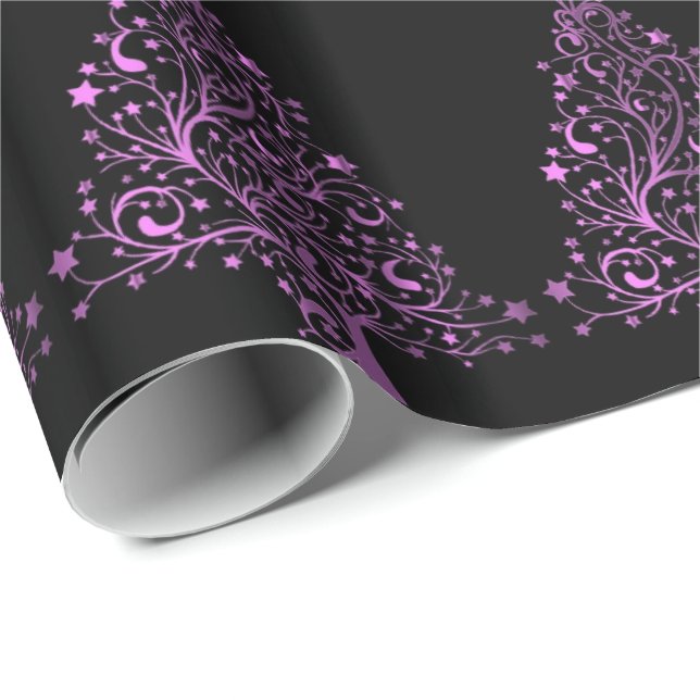 Christmas Tree Stars Black Metallic Pink Look Wrapping Paper (Roll Corner)