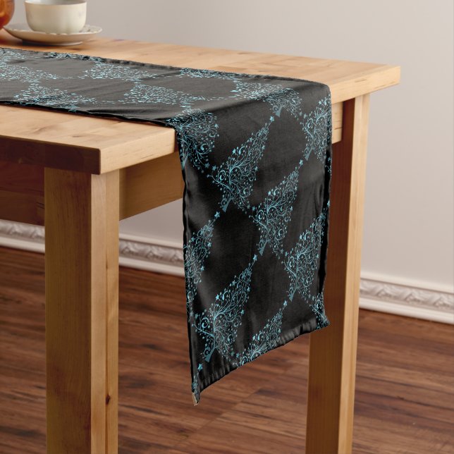 Christmas Tree Stars Black Shiny Metallic Blue Long Table Runner (In Situ)