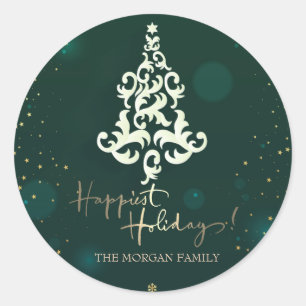 Christmas Tree,Stars,Green Happiest Holidays Classic Round Sticker