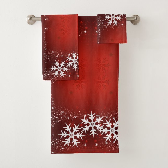 Christmas Tree Stars Snowflake Red Bath Towel Set (Insitu)
