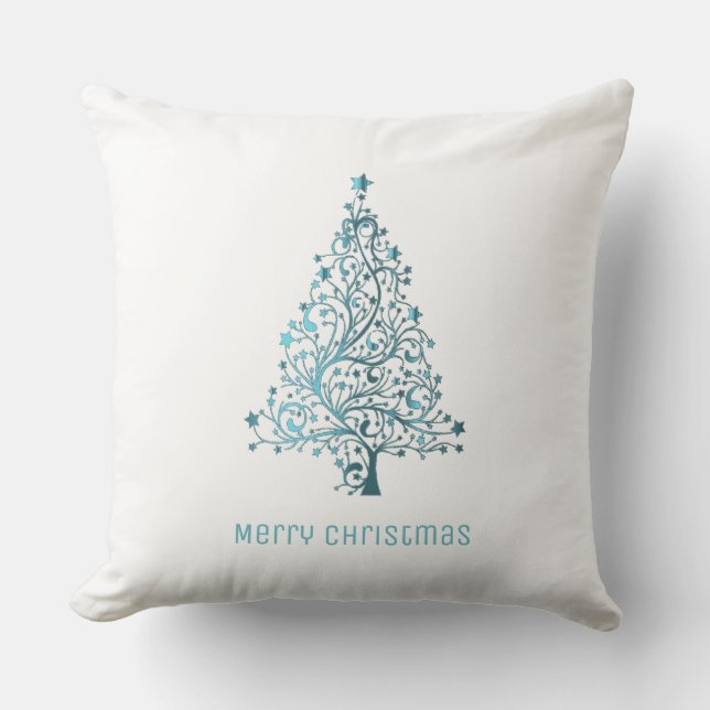 Christmas Tree Stars Turquoise Blue White Throw Pillow (Front)