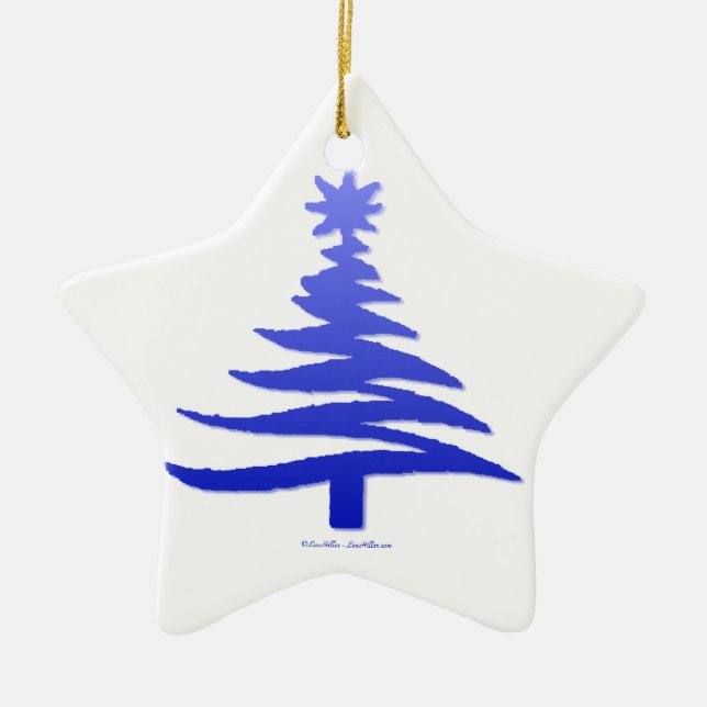 Christmas Tree Stencil Cobalt Blue Ceramic Ornament (Front)