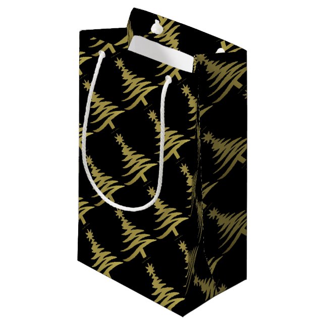 Christmas Tree Stencil Gold on Black Small Gift Bag (Front Angled)