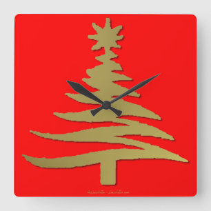 Christmas Tree Stencil Gold Square Wall Clock