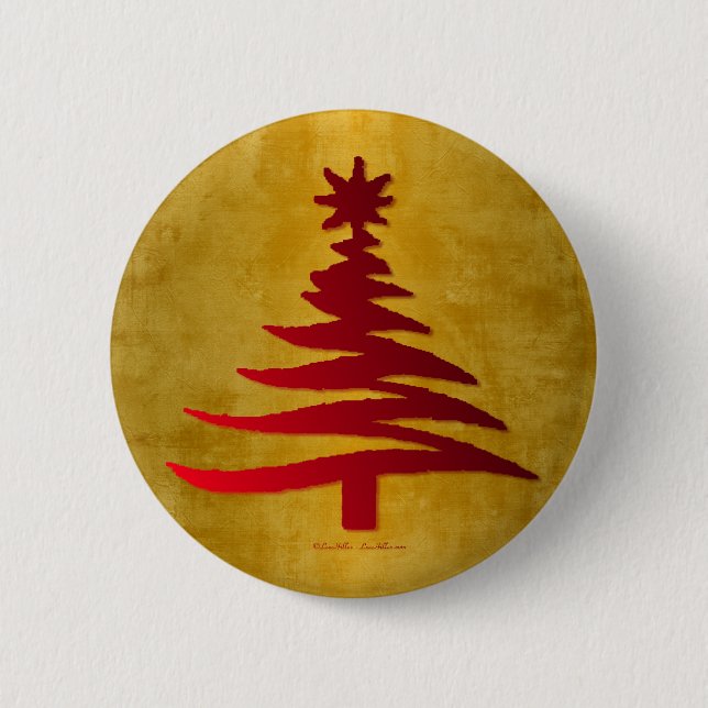 Christmas Tree Stencil Red on Gold 2 Inch Round Button (Front)