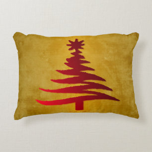 Christmas Tree Stencil Red on Gold Accent Pillow