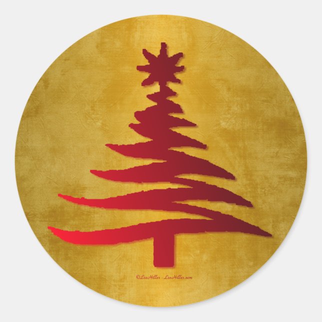 Christmas Tree Stencil Red on Gold Classic Round Sticker (Front)