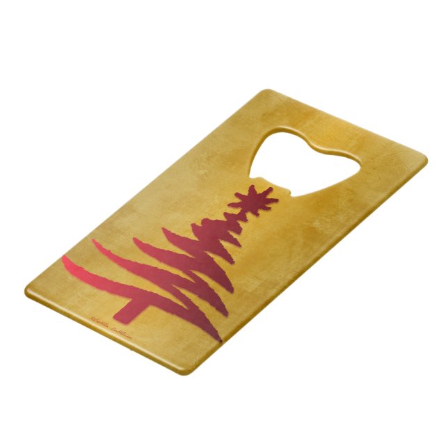 Christmas Tree Stencil Red on Gold Credit Card Bottle Opener (Front Angled)