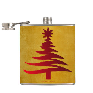 Christmas Tree Stencil Red on Gold Hip Flask