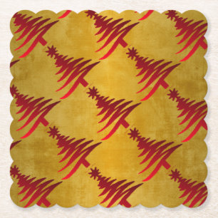 Christmas Tree Stencil Red on Gold Paper Coaster