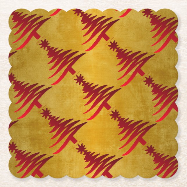 Christmas Tree Stencil Red on Gold Paper Coaster (Front)