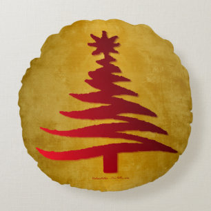 Christmas Tree Stencil Red on Gold Round Pillow
