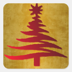 Christmas Tree Stencil Red on Gold Square Sticker