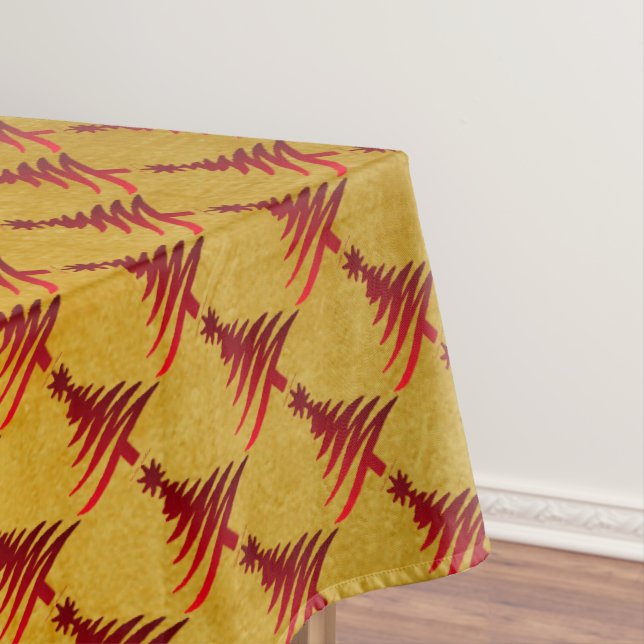 Christmas Tree Stencil Red on Gold Tablecloth (In Situ)