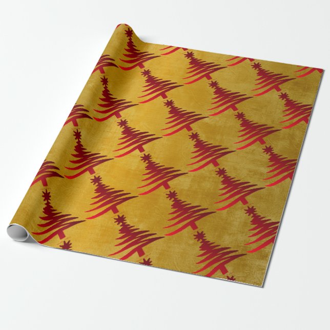 Christmas Tree Stencil Red on Gold Wrapping Paper (Unrolled)