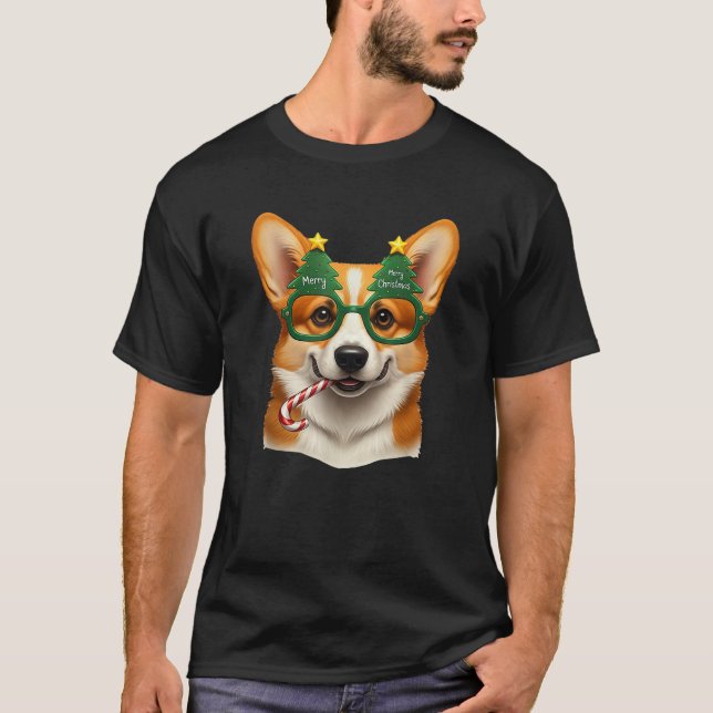 Christmas Tree Sunglasses Corgi Candy Cane Mens Wo T-Shirt (Front)