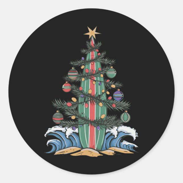 Christmas Tree Surfboard _1  Classic Round Sticker (Front)