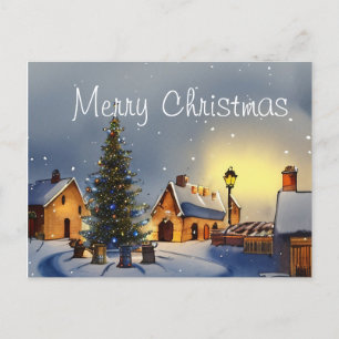 Christmas Tree surrounded by Houses in the Village Holiday Postcard