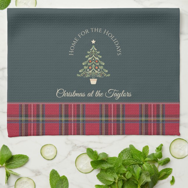 Christmas Tree Tartan Customized Name Christmas Kitchen Towel (Folded)