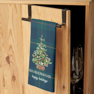Christmas Tree Tartan Plaid Family Name Kitchen Towel