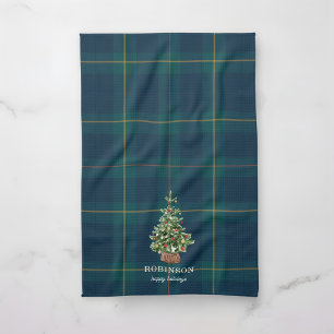 Christmas Tree Tartan Plaid Family Name Kitchen Towel