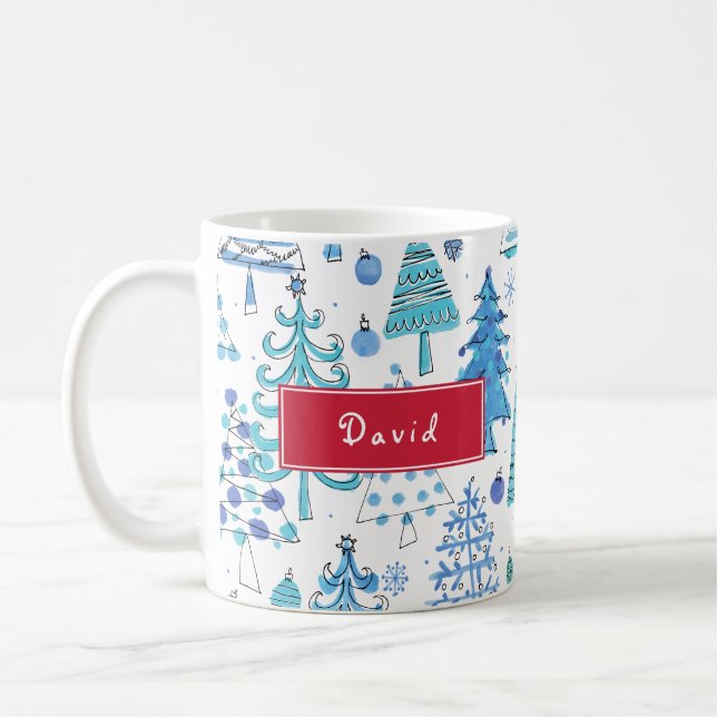 Christmas Tree Teal Blue Green Custom Name Coffee Mug (Left)