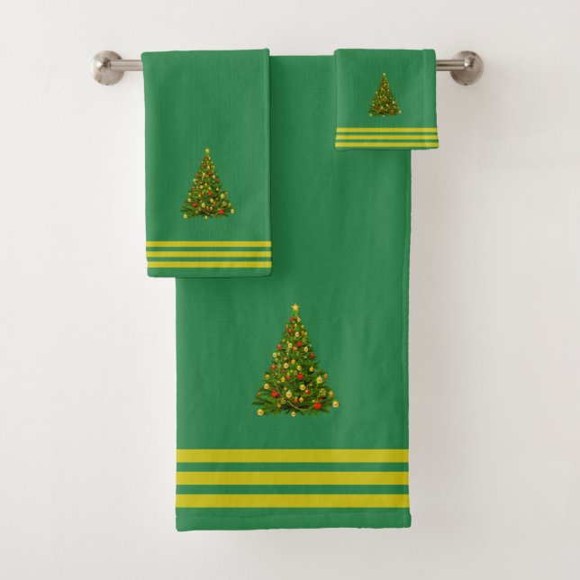 Christmas Tree, Three Stripes on Forest Green Bath Towel Set (Insitu)