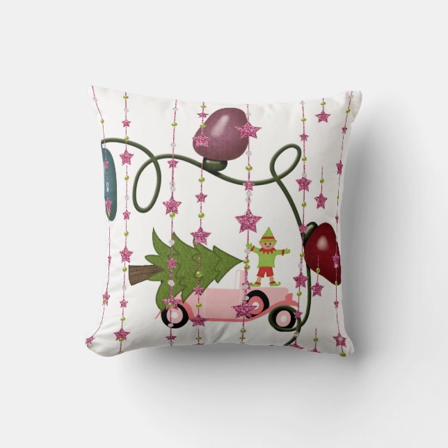 Christmas Tree Throw Pillow, Elf, Pink Car  Pillow (Front)