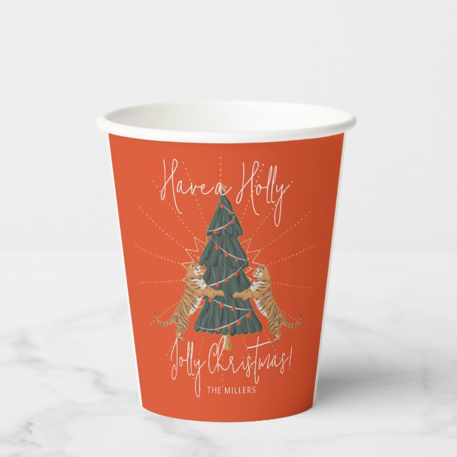 Christmas Tree & Tigers Jolly Christmas Card Paper Cups (Front)