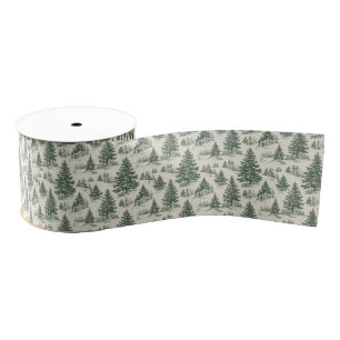 Christmas Tree  Toile  De Jouy Green Grosgrain Ribbon