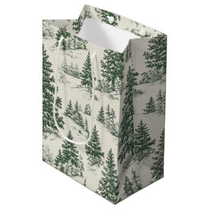 Christmas Tree  Toile  De Jouy Green Medium Gift Bag
