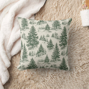 Christmas Tree  Toile  De Jouy Green Tablecloth Throw Pillow