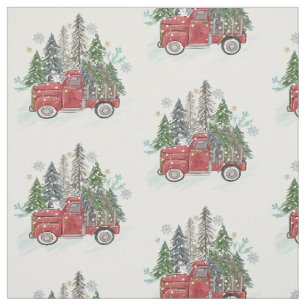 Christmas Tree Truck Rustic Pattern Watercolor Fabric