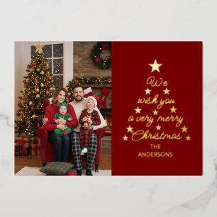 Christmas Tree Typography Gold Stars Family Photo  Foil Holiday Card