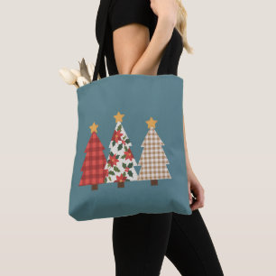 Christmas Tree Vintage Patchwork Red Plaid Holiday Tote Bag