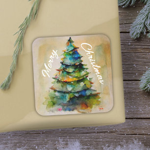 Christmas Tree Watercolor Artistic Merry Christmas Square Sticker