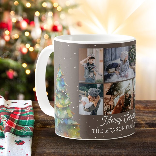 Christmas Tree Watercolor Family 6 Photo Collage  Coffee Mug (Creator Uploaded)