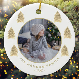 Christmas Tree Watercolor Golden Family Photo Ceramic Ornament