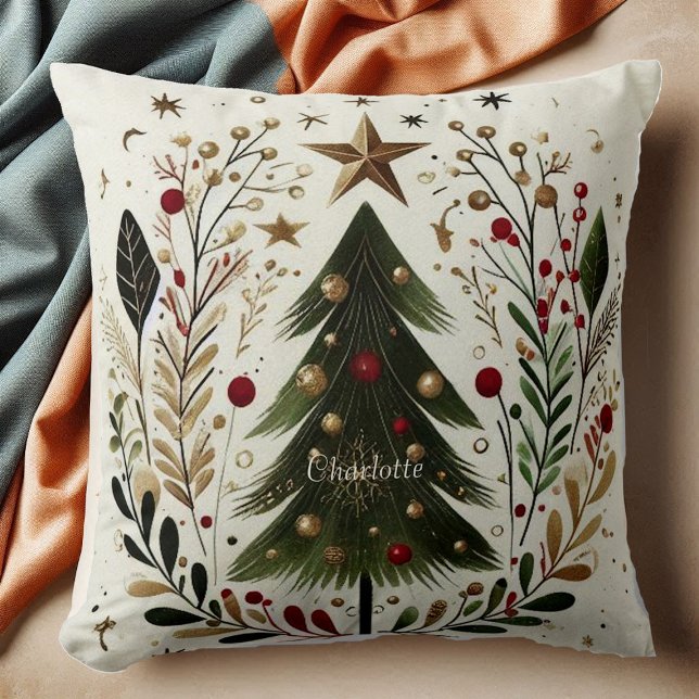Christmas Tree Watercolor Green Wreath Gold Star Throw Pillow (Christmas Tree Watercolor Green Wreath Gold Star Throw Pillow)